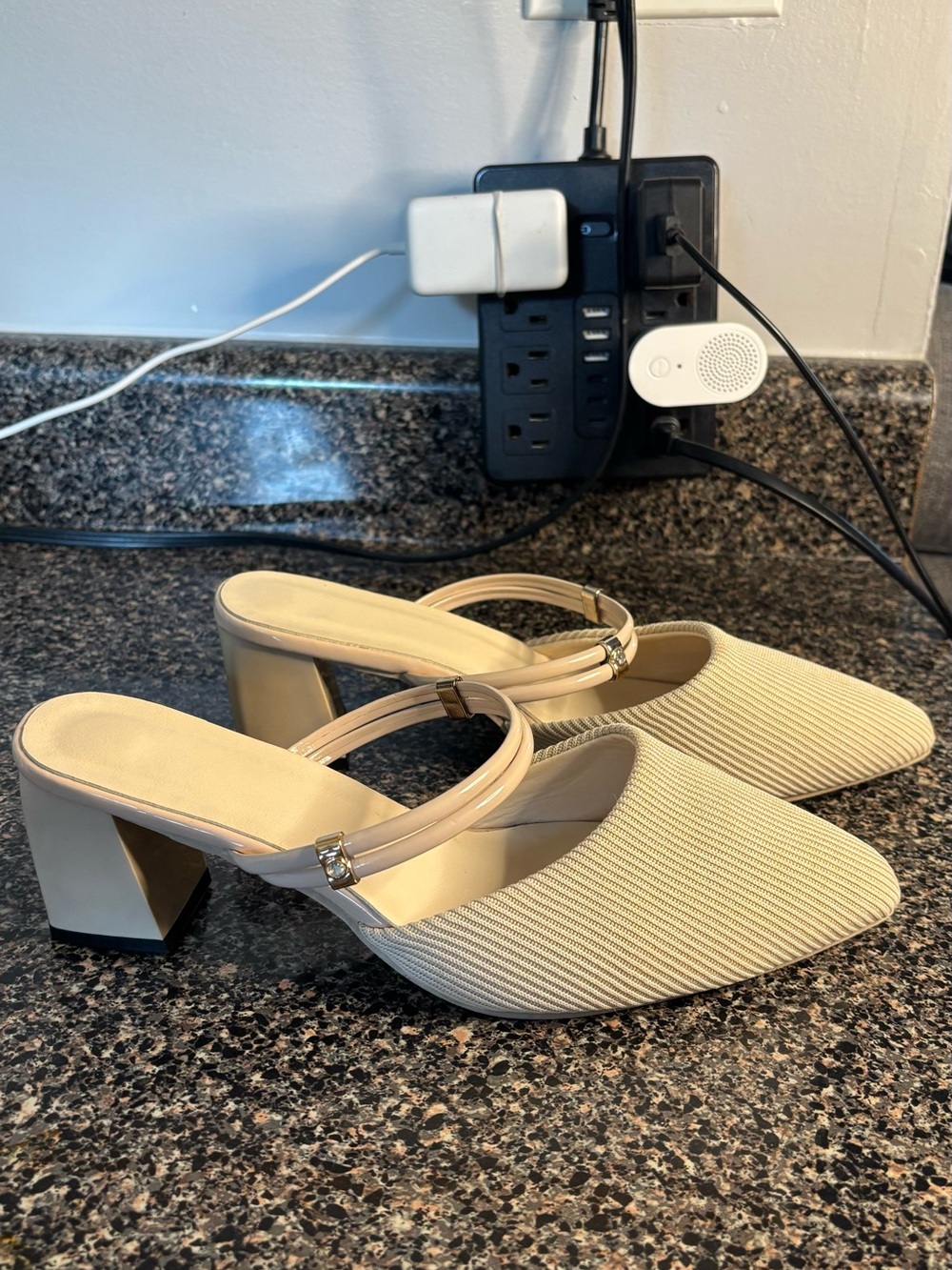 Chic Cream Textured Block Heel Mules with Slim Strap